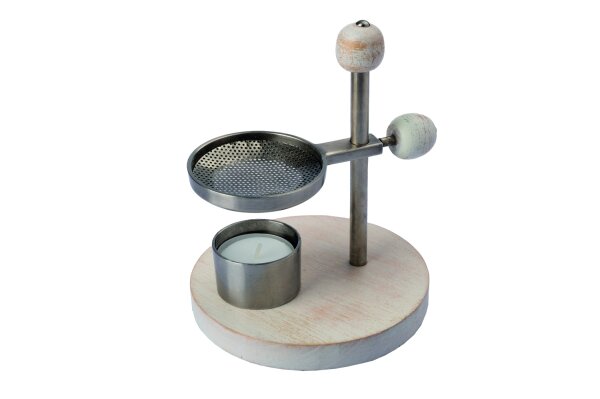 Räucherstövchen Silber Antique-Finish mit Holzplatte "Shabby-White"